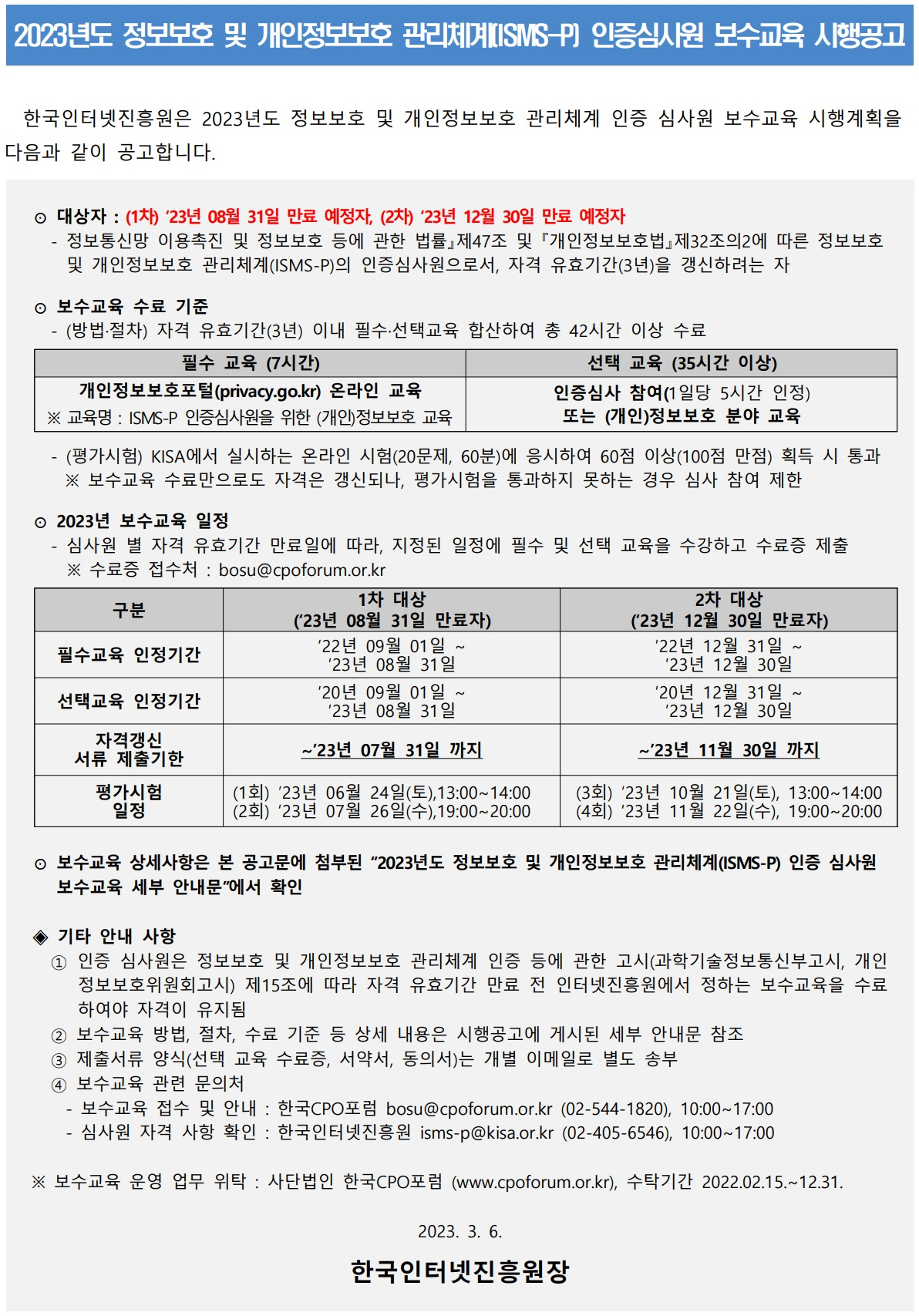 2023년도 정보보호 및 개인정보보호 관리체계(ISMS-P) 인증심사원 보수교육 시행공고 한국인터넷진흥원은 2023년도 정보보호 및 개인정보보호 관리체계 인증 심사원 보수교육 시행계획을 다음과 같이 공고합니다. 대상자 : (1차) '23년 08월 31일 만료 예정자, (2차) '23년 12월 30일 만료 예정자 - 정보통신망 이용촉진 및 정보보호 등에 관한 법률 제 47조 및 개인정보보호법 제32조의2에 따른 정보보호 및 개인정보보호 관리체계(ISMS-P)의 인증심사원으로서, 자격 유효기간(3년)을 갱신하려는 자, 보수교육 수료 기준 : (방법절차) 자격 유효기간(3년) 이내 필수선택교육 합산하여 총 42시간 수료, 필수 교육 (7시간) 개인정보보호포털(privacy.go.kr) 온라인 교육 ※ 교육명 : ISMS-P 인증심사원을 위한 (개인)정보보호 교육, 선택 교육 (35시간 이상) 인증심사 참여(1일당 5시간 인정) 또는 (개인) 정보보호 분야 교육, - (평가시험) KISA에서 실시하는 온라인 시험(20문제, 60분)에 응시하여 60점 이상(100점 만점) 획득 시 통과 ※ 보수교육 수료만으로도 자격은 갱신되나, 평가시험을 통과하지 못하는 경우 심사 참여 제한, 2023년 보수교육 일정 : 심사원 별 자격 유효기간 만료일에 따라, 지정된 일정에 필수 및 선택 교육을 수강하고 수료증 제출 ※ 수료증 접수처 : bosu@cpoforum.or.kr 구분 : 1차 대상('23년 08월 31일 만료자) 필수교육 인정기간 : '22년 09월 01일 ~ '23년 08월 31일, 선택교육 인정기간 : '20년 09월 01일 ~ '23년 08월 31일, 자격갱신 서류 제출기한 : ~'23년 07월 31 까지, 평가시험일정 : (1회) '23년 06월 24일(토) 13:00~14:00 (2회) '23년 07월 26일(수) 19:00~20:00, 구분 : 2차 대상('23년 12월 30일 만료자), 필수교육 인정기간 : '22년 12월 31일 ~ '23년 12월 30일, 선택교육 인정기간 : '20년 12월 31일 ~ '23년 12월 30일, 자격갱신 서류 제출기한 : ~'23년 11월 30일 까지, 평가시험일정 : (3회) '23년 10월 21일(토) 13: 00~14:00 (4회) '23년 11월 22일(수), 19:00~20:00, 보수교육 상세사항은 본 공고문에 첨부된 '2023년도 정보보호 및 개인정보보호 관리체계(ISMS-P) 인증 심사원 보수교육 세부 안내문'에서 확인, 기타안내사항 : 1. 인증 심사원은 정보보호 및 개인정보보호 관리체계 인증 등에 관한 고시(과학기술정보통신부고시, 개인정보보호위원회고시) 제15조에 따라 자격 유효기간 만료 전 인터넷진흥원에서 정하는 보수교육을 수료하여야 자격이 유지됨 2. 보수교육 방법, 절차, 수료 기준 등 상세 내용은 시행공고에 게시된 세부 안내문 참조 3. 제출서류 양식(선택 교육 수료증, 서약서, 동의서)는 개별 이메일로 별도 송부, 4.보수교육 관련 문의처 - 보수교육 접수 및 안내 : 한국CPO포럼 bosu@cpoforum.or.kr (02-544-1820) 10:00~17:00 - 심사원 자격 사항 확인 : 한국인터넷진흥원 help@isms-p.or.kr (02-4405-6546) 10:00~17:00 ※ 보수교육 운영 업무 위탁 : 사단법인 한국CPO포럼 (www.cpoforum.or.kr), 수탁기간 2022.02.15.~12.31. 2023. 3. 6 한국인터넷진흥원장